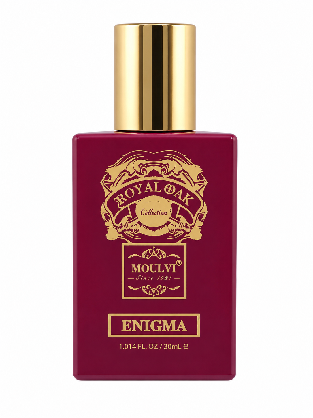 Moulié Enigma cologne bottle from Royal Oak Collection, featuring a deep burgundy glass bottle with a shiny gold cap and gold lettering.