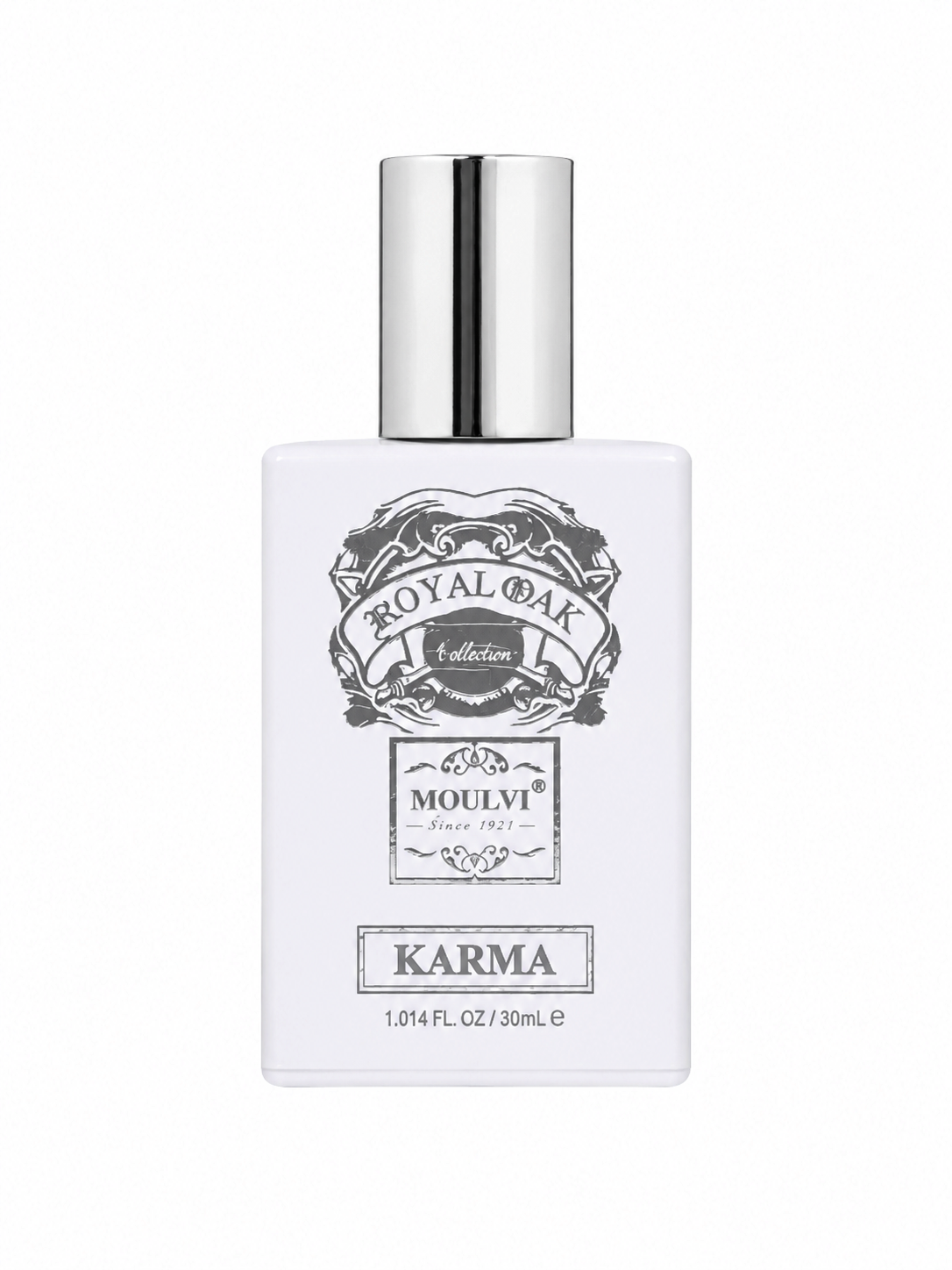 A white rectangular bottle of Royal Oak Collection by Mouli Karma fragrance with a shiny silver cap, set against a plain white background.