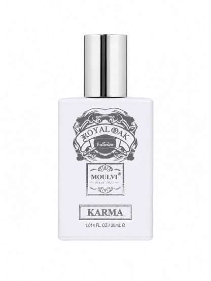 A white rectangular bottle of Royal Oak Collection by Mouli Karma fragrance with a shiny silver cap, set against a plain white background.