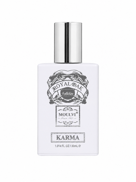 A white rectangular bottle of Royal Oak Collection by Mouli Karma fragrance with a shiny silver cap, set against a plain white background.