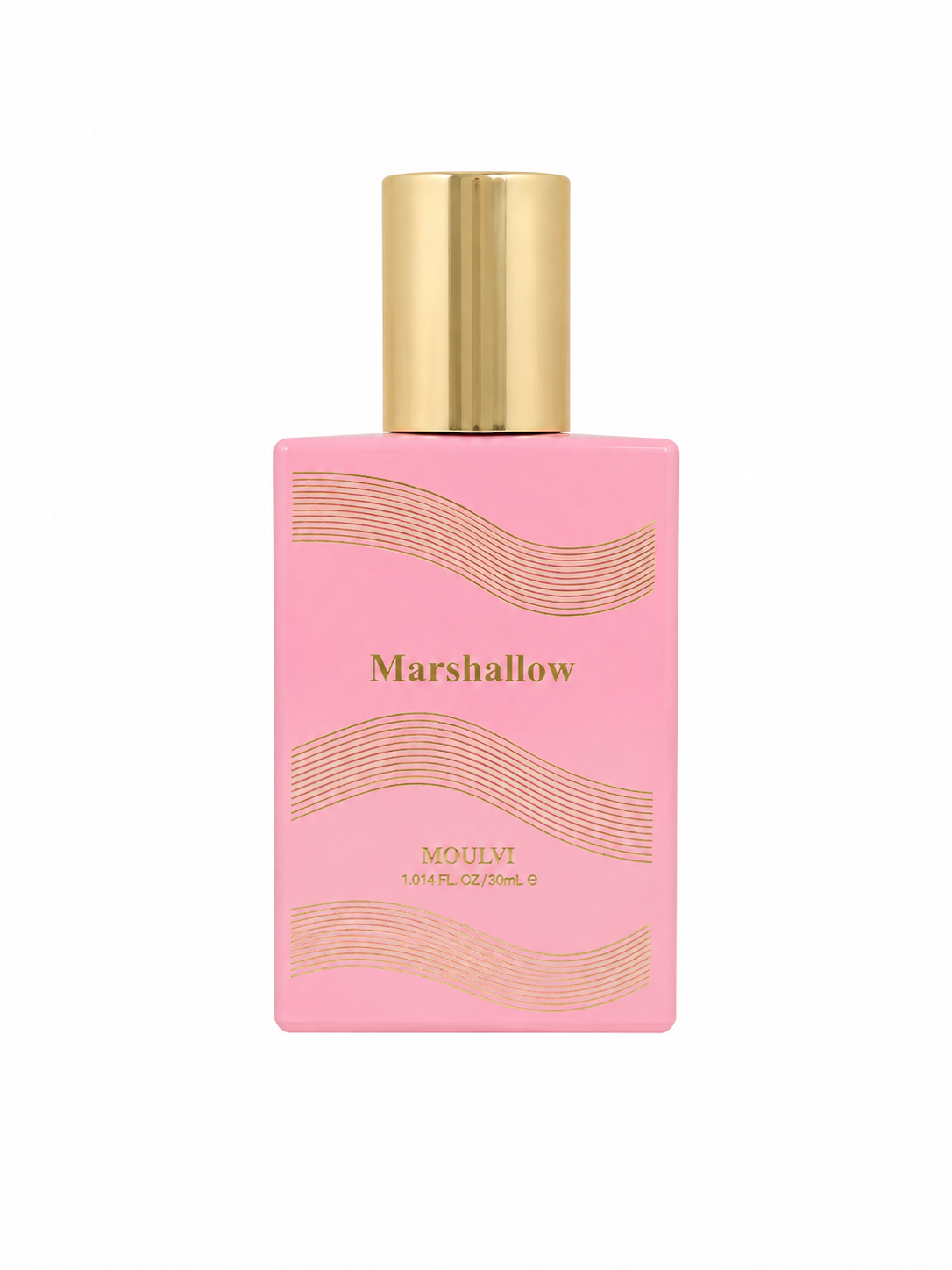 A pink rectangular perfume bottle with a shiny gold cap, featuring the brand name 'Marshallow' and 'MOULI' printed in gold on the front, set against a plain white background.