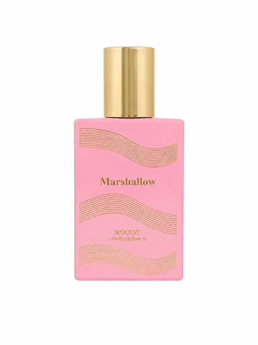 A pink rectangular perfume bottle with a shiny gold cap, featuring the brand name 'Marshallow' and 'MOULI' printed in gold on the front, set against a plain white background.