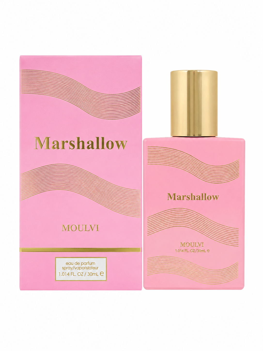 Marshmallow Eau de Parfum by Moulvi, featuring a pink rectangular bottle with a gold cap next to its matching pink packaging box with gold wavy stripes.