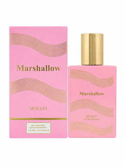 Marshmallow Eau de Parfum by Moulvi, featuring a pink rectangular bottle with a gold cap next to its matching pink packaging box with gold wavy stripes.