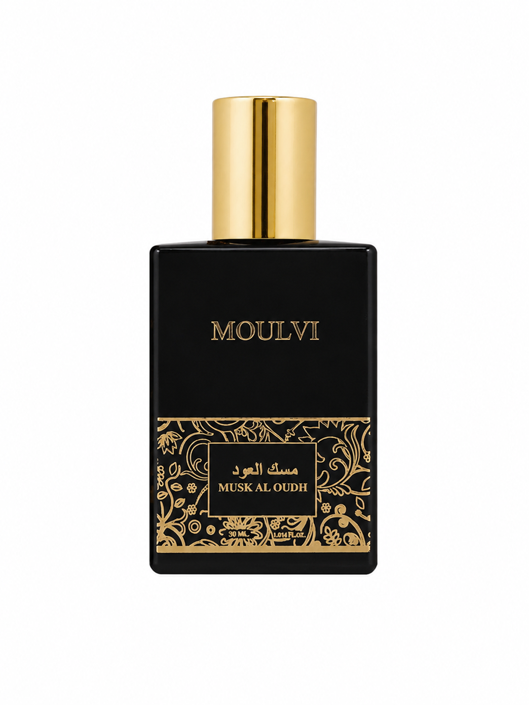Moulvi Musk Al Oudh perfume bottle in black with a gold cap and gold ornamental detailing on the lower half, shown against a plain white background.