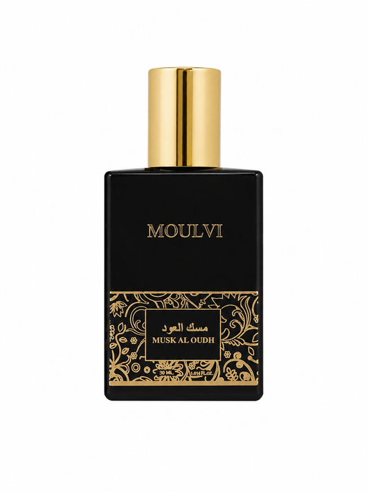 Moulvi Musk Al Oudh perfume bottle in black with a gold cap and gold ornamental detailing on the lower half, shown against a plain white background.