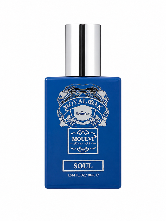 A rectangular blue perfume bottle with a shiny silver cap, featuring white printed text and logos for 'Royal Oak Collection' and 'Moulvi Since 1921', with the scent name 'SOUL' at the bottom.